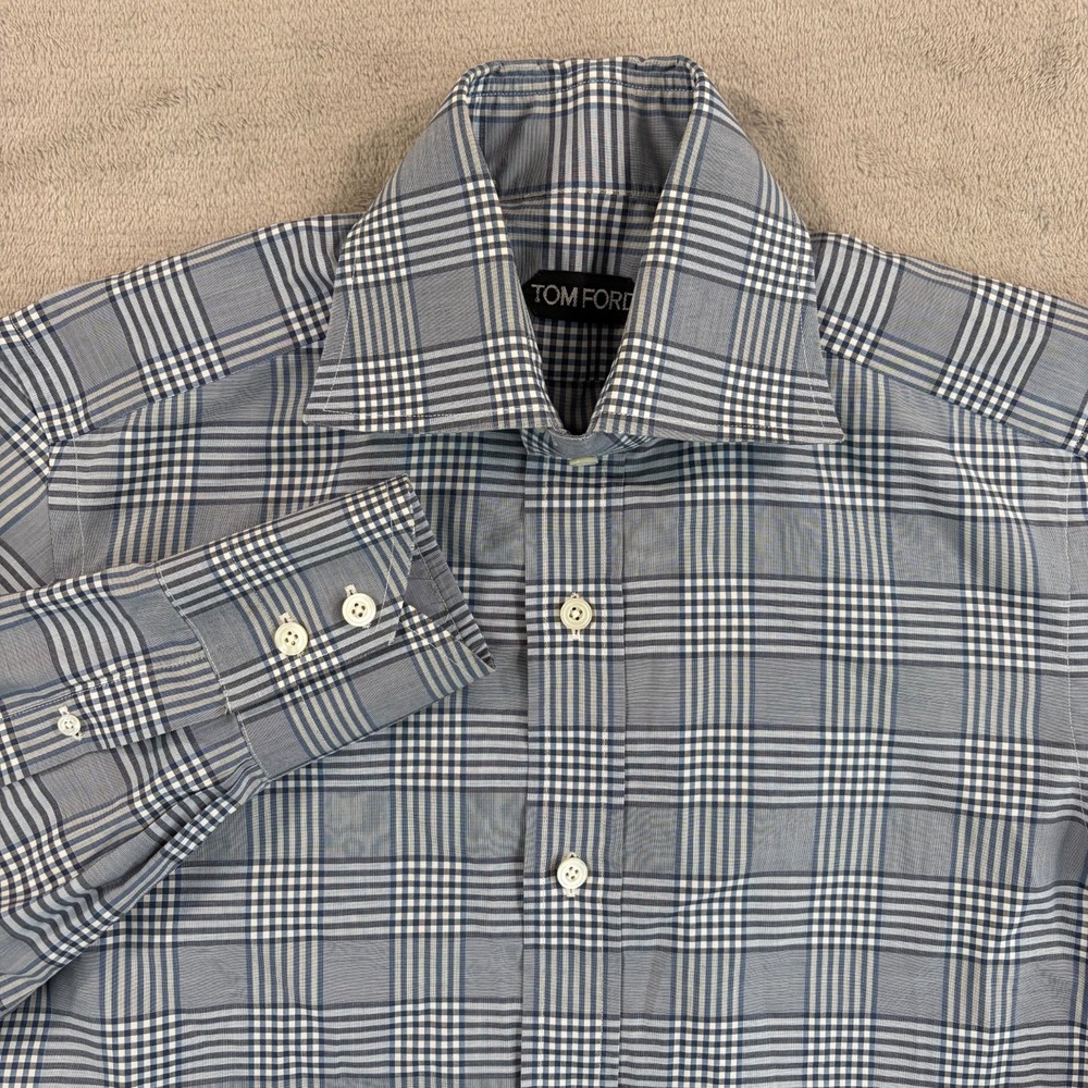 Tom‎ Ford Dress Shirt Men 38 15 Blue Plaid Long Sleeve Designer Pearl Buttons